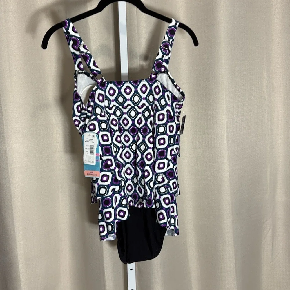 Swim Solutions Triple Tier Fauxkini Tankini Top Purple Geometric Mod 8 NEW - Picture 4 of 4